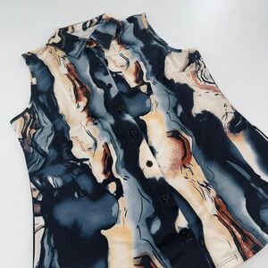 Flamingos Life Sleeveless Button Down Abstract Marble Print Women Size Med Blue